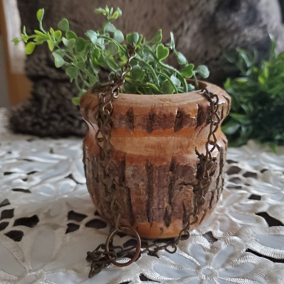 VINTAGE | Turned Wood with Bark Hanging Planter